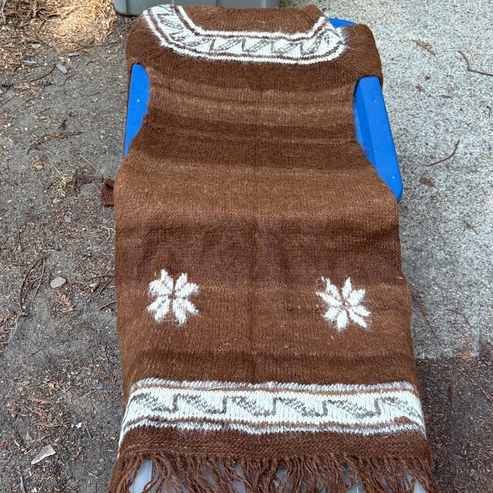 Bolivian Alpaca Hand-Knit Brown Turtleneck Sweater Dress with Fringe